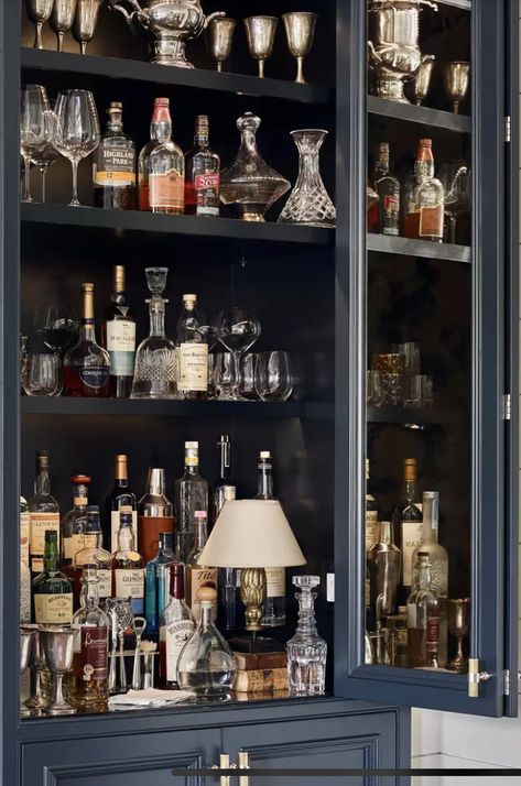 Alcohol Bookshelf, Bookshelf As Bar Cart, Alcohol Cabinet Ideas Modern, Styling A Bar Area, Whisky Display Cabinet, Dark Academia Bar Cart, Curio Cabinet Bar, Alcohol Display Home, Drinks Cabinet Ideas