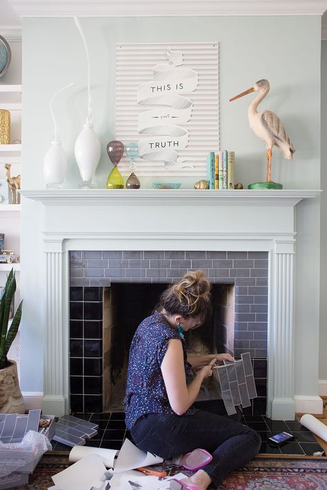 Diy Tile Fireplace Makeover, Diy Tile Fireplace, Tile Fireplace Makeover, Fireplace Redo, Diy Fireplace Makeover, Peel And Stick Tiles, Fireplace Update, Tile Fireplace, Fireplace Tile Surround