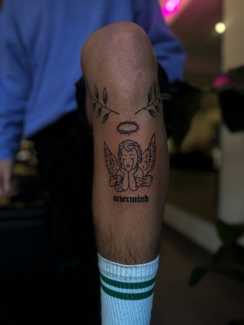 Knee Angel Tattoo, Angel Shin Tattoo, Leg Angel Tattoo, Angel Tattoo Leg, Angel Tattoo On Leg, Angel Knee Tattoo, Christ Tattoos For Men, Angel Vibes Tattoo, Shin Tattoo Men