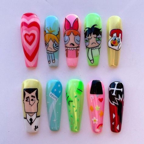 Nail Art Cartoon Characters, Cartoon Character Nails, Nail Art Cartoon, Kid Nails, Character Nails, Cow Nails, Nails Fun, Nail Drawing, October Nails