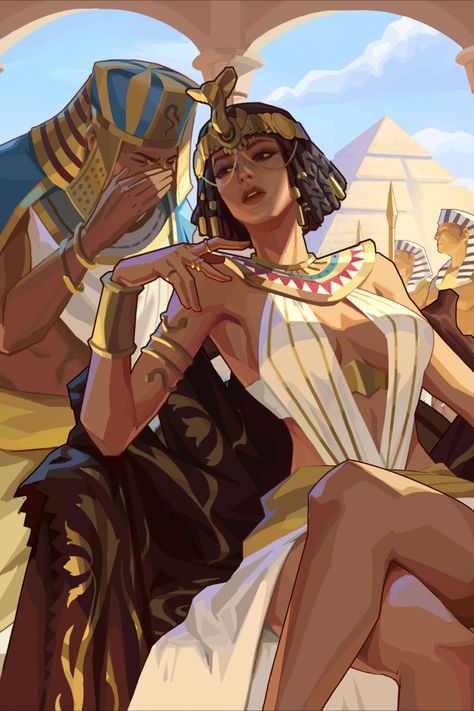 Egyptian Women Fashion, Cleopatra Character Design, Egyptian Gods Drawings, Magic User Pose Reference, Cleopatra Illustration, Egyptian Mythology Art, Egyptian Oc, Asian Oc, Queen Oc