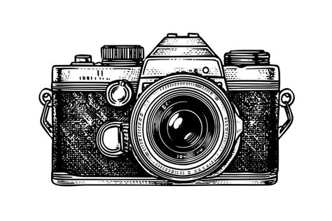 Modern photo camera in engraving style. Vector retro hand drawn illustration. Camera Illustration, Photo Camera, Camera Icon, Hand Drawn Illustration, Logo Banners, Cityscape Photos, Drawn Illustration, Nature Backgrounds, Heart With Arrow