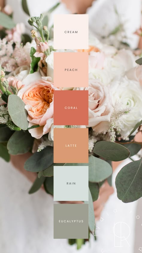 This mood board features a serene peach and eucalyptus color palette, combining soft, warm tones of peach and coral with cool, refreshing hues of light sage, soft green, and creamy neutrals. The overall design exudes natural elegance, perfect for small business branding or weddings. The balance of earthy greens and warm peach shades creates a harmonious, calming aesthetic, ideal for modern, sophisticated themes with a touch of organic beauty and romance. Colour Theme Wedding Ideas, Pale Wedding Colors, Best Wedding Colours Combination, Flower Colour Combinations, May Color Palette Wedding, Wedding Colours Combination, Earthy Wedding Palette, May Wedding Palette, May Wedding Colours