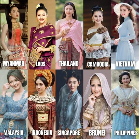 Beautiful girls in ASEAN countries and their national costumes. Every country has its own unique culture. Whether it is in terms of dress, food, traditions, culture, living, customs. And most importantly, people in that nation must be proud of what they are and what they have. and bring those Continue to develop the best Then we will see the value of ourselves and the nation. Malaysian National Costume, Cultural Clothing Around The Worlds, Asean Costume Traditional, Cultural Day Outfits Traditional Dresses, United Nation Costume Ideas, Mongoloid People, Around The World Costume Ideas, Malaysian Traditional Clothing, National Costumes Of The World