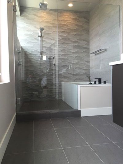 45 Small Master Bathroom Design Ideas - Sebring Design Build Modern Bathroom Design Grey, Small Grey Bathrooms, Grey Bathroom Floor, Grey Bathroom Tiles, Gray Bathroom, Bathroom Tile Designs, Bathroom Shower Tile, Grey Flooring, Small Bathroom Design