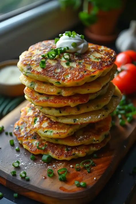 Discover the joy of making Savory Zucchini Pancakes with this simple recipe. It combines fresh zucchini, aromatic herbs, and cheesy goodness for a deliciously healthy meal. Ideal for breakfast, lunch, or a light dinner. Dive into healthy eating with this low-carb delight! Zucchini For Breakfast, Healthy Sunday Breakfast, Tuesday Meals, Zucchini Pancakes Recipe, Savoury Pancake Recipe, Zucchini Breakfast, Zucchini Recipes Dessert, Vegetable Pancakes, Zucchini Pancakes