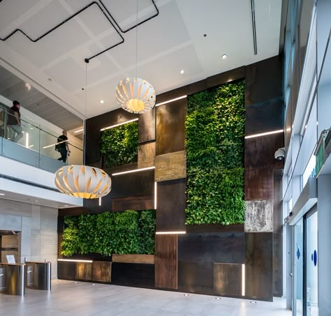 Green wall in the reception atrium at Verint Offices – Herzliya Rustic Office Design, Green Wall Design, Industrial Office Design, Cool Office Space, Rustic Office, Modern Office Interiors, Office Lobby, Green Office, Office Space Design