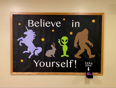 Bigfoot Bulletin Board, Bigfoot Classroom Theme, Alien Bulletin Board, Space Bulletin Boards, Res Life Bulletin Boards, Ra Door Decs, Ra Themes, Resident Advisor, Tech Room