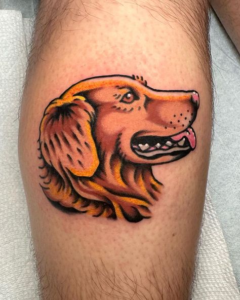 Golden Retriever American Traditional Tattoo, Golden Retriever Tattoo Traditional, Traditional Labrador Tattoo, Trad Dog Tattoo, American Traditional Dog Tattoo, Apprenticeship Portfolio, Traditional Dog Tattoo, Golden Retriever Tattoo, German Shepherd Tattoo