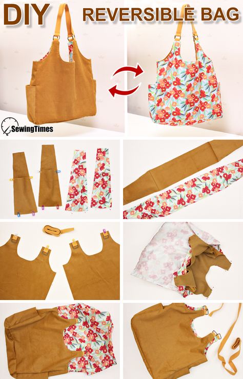 Reversible Bag Tutorial, Corduroy Bag Pattern, Reversible Bag Pattern Free, Reversible Tote Bag Pattern Free, Corduroy Bag Diy, Easy Bag Pattern, Simple Bags To Sew, Patron Tote Bag, Simple Bag Pattern