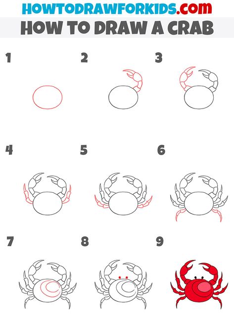 how to draw a crab step by step How To Draw A Crab Step By Step, How To Draw A Crab, Crab Step By Step Drawing, Crab Sketch Drawings, Crab Painting Easy, Horse Drawing Tutorial, Sea Creatures Drawing, Crab Painting, Bujo Doodles