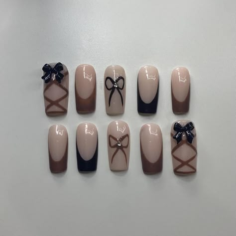 Brown and Black Coquette inspired French tip... - Depop Brown Black French Nails, Brown And Black French Tip Nails, Funky Brown Nails, Brown Coquette Nails, Black And Brown Nails Design, Brown Nail Tips, Black Coquette Nails, Brown Coquette, Stiletto Shaped Nails