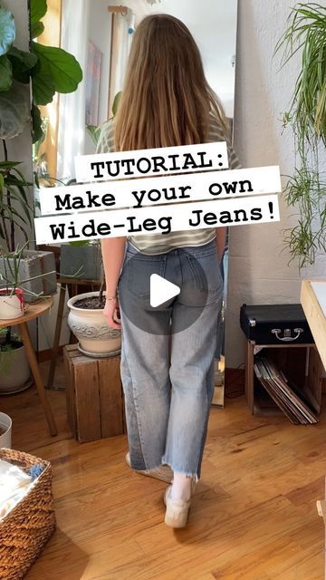 Emily Mechling on Instagram: "You asked for it! The Wide-Leg Jean Tutorial is here!   This is a fun and simple way to make use of your old jeans that would otherwise sit in your closet unworn and forgotten!   Materials Required: - skinny or straight leg jeans - fabrics (for the side panels) - fabric scissors - pins - chalk or fabric marker - sewing machine - *serger (this is optional! If you don’t have one, you can use an overlocking stitch on your machine to finish the raw edges)   I hope this was helpful and inspires you to make your own! 👖 🪡" Upcycled Jeans Diy, Raw Edge Jeans Diy, Ways To Upcycle Jeans, Diy Sewing Clothes Upcycling Old Jeans, Wide Leg Pants Diy, Adding Length To Jeans, How To Upsize Jeans, How To Widen Jeans Leg, How To Lengthen Jeans