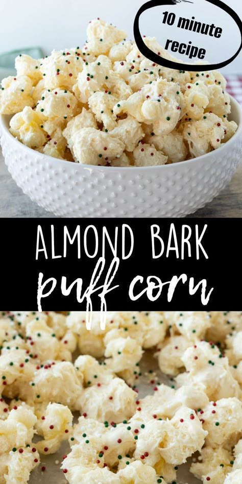 Sweet Puffed Corn, White Chocolate Corn Puffs Recipe, Puffed Corn Almond Bark, White Chocolate Corn Puffs, White Chocolate Popcorn Puffs, Christmas Snacks No Bake, Puffed Popcorn Recipes, Puff Corn Recipes Snacks, White Almond Bark Popcorn