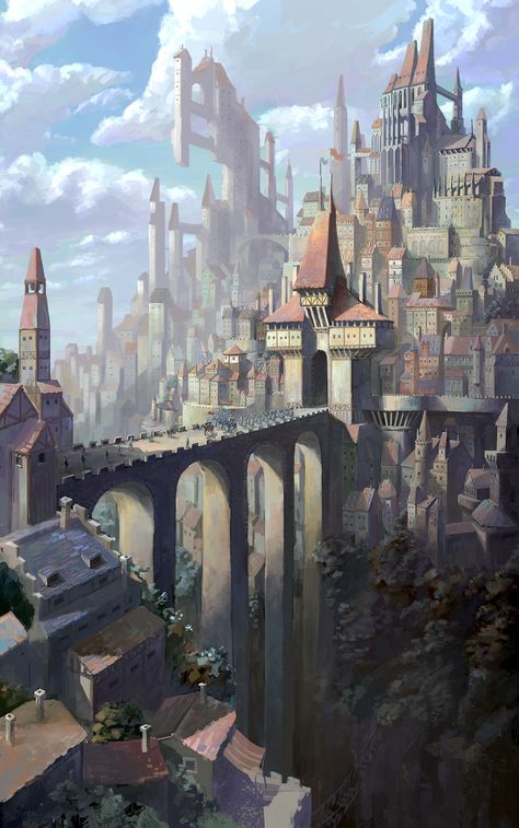 Civilization on the mountain by dea bum Kim Beaux Arts Architecture, Fantasy Castles, Fantasy Cities, Fantasy Locations, Fantasy Town, Fantasy Settings, Fantasy Architecture, Heroic Fantasy, Rpg Map