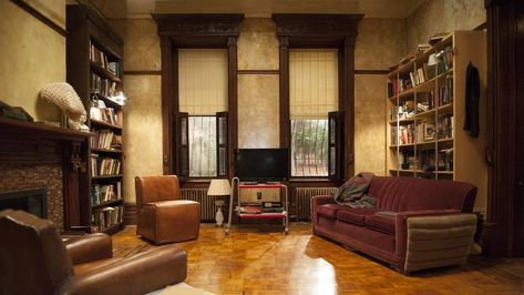 'Elementary' Elementary Sherlock, Mismatched Furniture, Tv Set Design, Brooklyn Brownstone, Open Plan Living Room, Art Deco Table, Colorful Furniture, Open Plan Living, Restoration Hardware