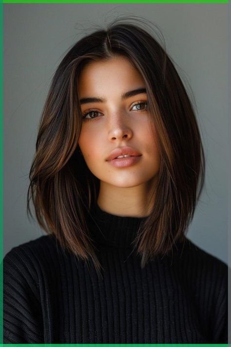 Long Bob Women, Mid Length Hair Side Part Straight, Shoulder Cut Hairstyles, Long Bangs Shoulder Length Hair, Sleek Shoulder Length Hair, Short Lob Haircut Straight, Bob Cut Long Hair, Straight Layered Short Hair, Long Layered Shoulder Length Hair