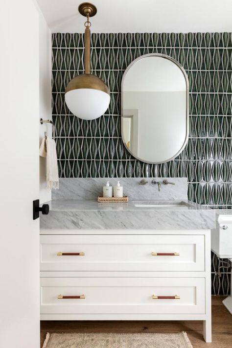 Powder Room Tile Backsplash, Vanity With Tile Backsplash, Bathroom Vanity Tile Backsplash, Bathroom Vanity Backsplash Ideas, Vanity Backsplash Ideas, Tile Backsplash Bathroom Vanity, Bathroom Vanity Backsplash, Powder Room Tile, Vanity Backsplash