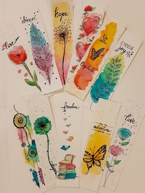 Bookmark Watercolor Ideas, Book Marks Diy, Handmade Bookmarks Diy, Diy Crafts Bookmarks, Creative Bookmarks, Bookmark Craft, Watercolor Bookmarks, Soyut Sanat Tabloları, Diy Bookmarks