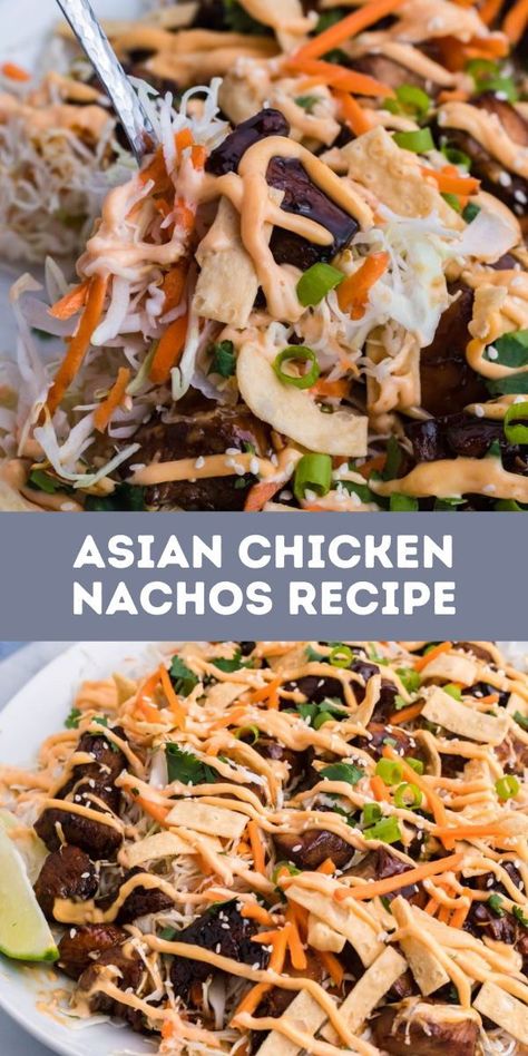 Asian chicken nachos are an updated take on the Tex Mex favorite. Featuring teriyaki chicken, a creamy spicy sauce and crispy wonton strips, this is a dinner or appetizer you’ll love! #appetizer #dinner #recipe Asian Nachos Wontons, Wonton Nachos, Chicken Nachos Recipe, Chicken Wontons, Crispy Wonton, Asian Chicken Recipes, Chicken Nachos, Adobo Chicken, Asian Chicken