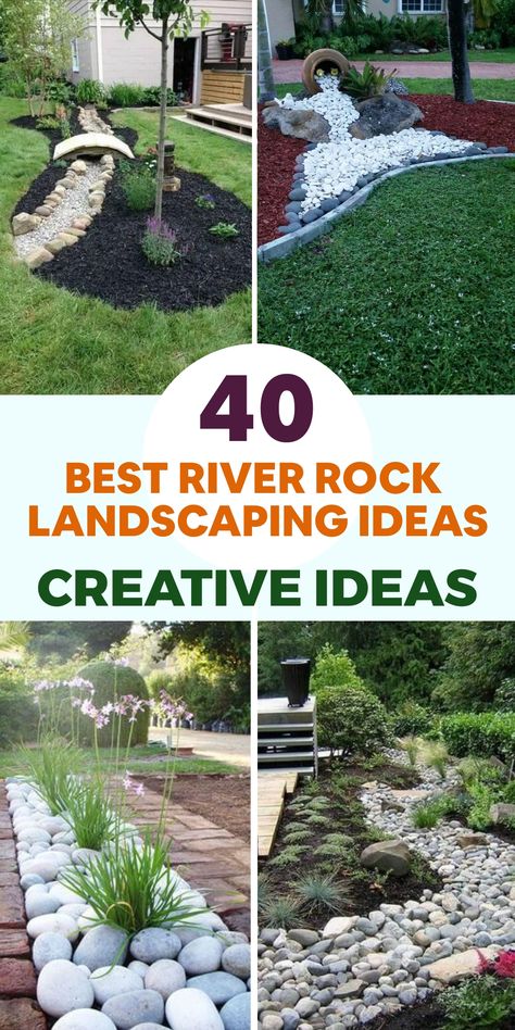 Enhance the beauty of your outdoor space with these top river rock landscaping concepts. Infuse natural elements into your landscape by incorporating river rocks to create charming borders around garden beds. Construct a captivating rock garden by blending varied sizes and hues of river rocks with resilient succulents and ornamental grasses for a water-efficient and easy-to-maintain setup. For a fluid connection between water features and land, consider lining the edges with river rocks. Rock Beds Front Of House, Rocks Along House, Diy Easy Front Yard Landscape Ideas, Rock Garden Landscape Ideas, Gutter Drainage Ideas River Rocks, Dry Stream Landscaping, Rock Ponds Ideas, Large River Rock Landscaping Ideas, Low Maintenance Landscaping Front Yard River Rock