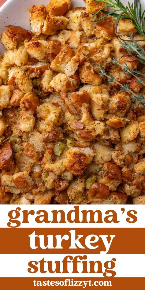 My Grandma's Thanksgiving Turkey Stuffing has stood the test of time. This buttery, savory, melt-in-your-mouth stuffing is the best stuffing recipe around! Grandmas Stuffing, Dressing For Turkey, Dressing Stuffing Recipes, Stuffing For Turkey, Stuffing Recipes Crockpot, Turkey Stuffing Recipe, Thanksgiving Turkey Stuffing, The Best Stuffing, Homemade Stuffing Recipes