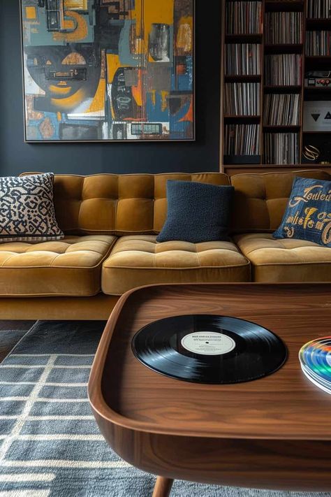 70s Modern Interior Design, Retro Style Interior Design, Modern 70s Living Room, 70s Basement, Groovy Basement, Moody Mid Century Modern, 70s Inspired Living Room, Retro Modern Living Room, 70s Living Room Decor