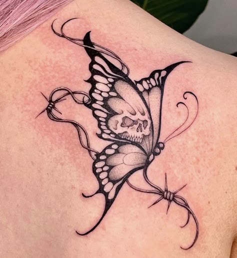 Y2k Skull Tattoo, Punk Butterfly Tattoo, Butterfly Skull Tattoo For Women, Edgy Butterfly Tattoo, Y2k Butterfly Tattoo, Cute Skull Tattoos, Skeleton Butterfly Tattoo, Skeleton With Wings, Caterpillar Tattoo