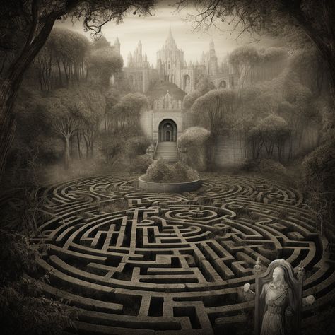 Maze, labyrinth, castle, topiary, architecture, statue, gothic, eerie, unsettling, grey, gray, misty Labyrinth Greek Mythology, Maze Aesthetic, Maze Architecture, Maze Aesthetic Dark, Garden Maze Aesthetic, Labyrinth Aesthetic, Fantasy Labyrinth, Hedge Maze Aesthetic Dark, Forest Labyrinth