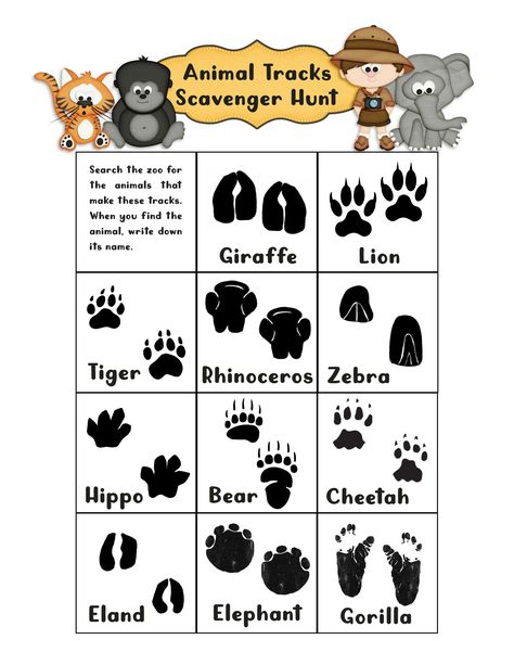 Animal Tracks Scavenger Hunt created using Scraps N Pieces' digikit Where the Wild Things Are. Perfect for a zoo party or a trip to the zoo. Safari Animal Scavenger Hunt, Safari Scavenger Hunt Free Printable, Zoo Party Games, Wild Animals For Preschool, Jungle Games For Kids, Jungle Scavenger Hunt, Wild Animals Activities Preschool, Animal Tracks Activities, Safari Preschool Activities