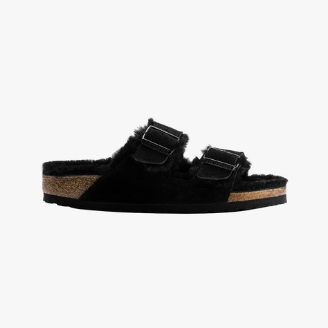 Shearling Birkenstock: The Comfortable Sandal Vogue Editors Swear By | Vogue Casual Shearling Sandals For Winter, Birkenstock Fluffy Sandals, Prada Shearling Slides, Hermes Shearling Sandals, Birkenstock Fur Sandals, House Slide, Indoor Slides, Fine Knit Sweater, Funky Socks