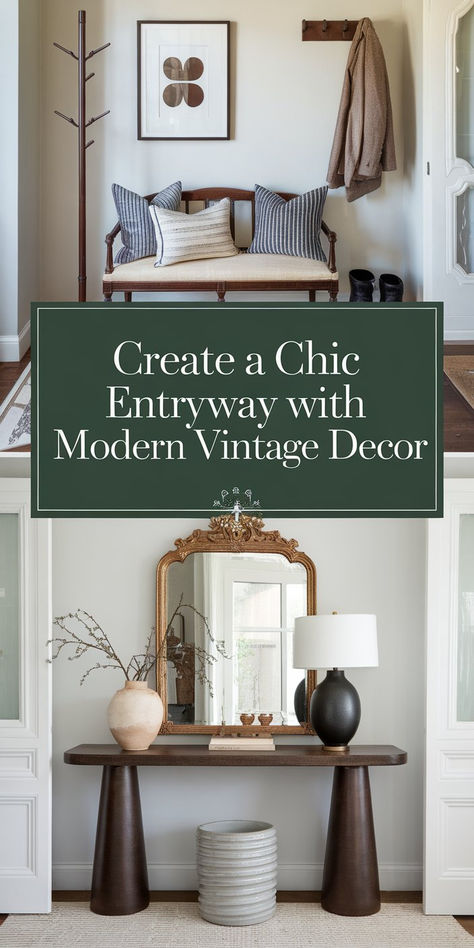 A modern hallway design with vintage decor elements, including a distressed console table, warm wood tones, and retro accessories. 70s Entryway, Vintage Entryway Ideas, Ideas For Hallways, Country Entryway, Vintage Decor Ideas, Stairs Decor, Hallway Stairs, Vintage Hallway, Hallway Design