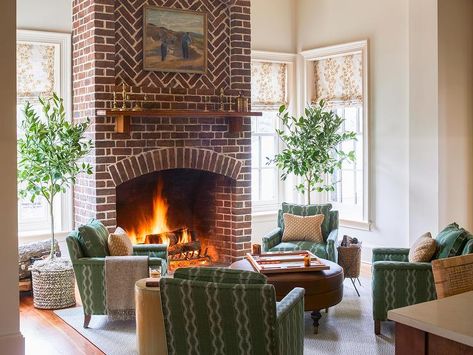 Red Brick Fireplace, Andrew Howard, Brick Living Room, Fireplace Windows, Red Brick Fireplaces, Green Accent Chair, Brick Chimney, Country Living Room, Indoor Fireplace