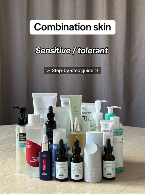 combination skin sensitive / tolerant step-by-step guide. oil and regular cleanser, BHA exfoliant and retinoids, serums and moisturiser. Combination Sensitive Skin Routine, Combination Skin Care Routine, Combination Skin Routine, Skincare For Combination Skin, Moisturizer For Combination Skin, Face Skin Care Routine, Double Cleansing, Best Moisturizer, Skin Routine