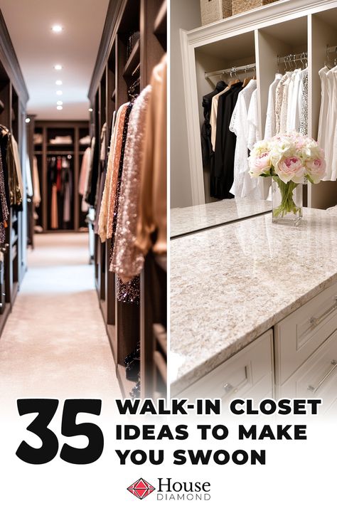 35 glamorous walk in closet ideas Walk In Closet Wood, Walk In Closet Behind Bed, Narrow Walk In Closet, Boutique Style Closet, Closet Behind Bed, Walk In Closet Ideas, Closet Wood, Chic Organization, Handbag Display