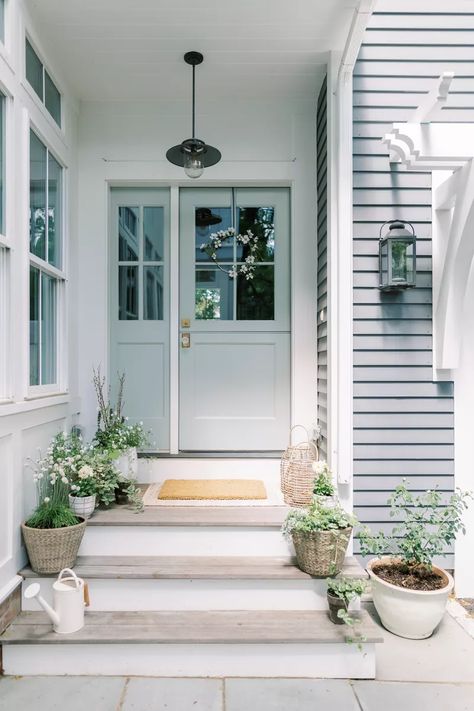 Light Blue Front Door Colors, Interior Front Door Color Entryway, Light Blue Front Door, Blue Front Door Colors, Gray Houses, Best Front Door Colors, Interior Front Door, Front Door Ideas, Exterior Color Palette