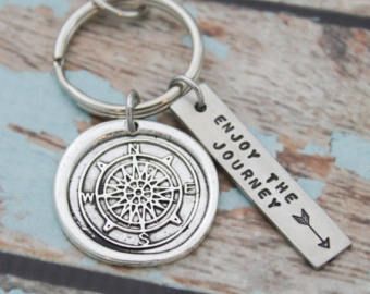 Compass Keychain, Wooden Craft Shapes, Enjoy The Journey, Medical Gifts, Keychain Personalized, Seal Design, Jewelry Care Instructions, Hand Stamped Jewelry, Grad Gifts