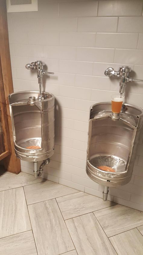 This local brewery's urinals are kegs. Bathroom With Urinal And Toilet, Tap Room Brewery Design, Brewery Bathroom, Brewery Furniture, Mechanic Shop Decor, Wine Shop Interior, Brewery Design, Restaurant Bathroom, Restroom Design