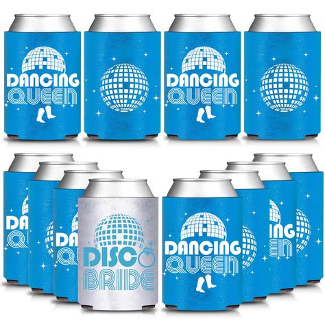 PRICES MAY VARY. Retro Last DISCO BRIDE koozies set fits for cans measure approx. 11.8 x 6.6 cm/ 4.6 x 2.6 inches , proper for most cans and bottles in standard size. 12 Pcs/Set Disco Bride Party Can Cover includes 1 glitter silver metallic finish for disco bride and 11 glitter blue metallic finish for dancing queen bridesmaid. Dazzling metallic silver and blue finish adds more retro vibes for dancing queen bachelorette party, Last disco bride bridal shower, and music mama opera mia wedding bach Bachelorette Mama Mia, Mama Mia Party Favors, Dancing Queen Bachelorette Theme, Abba Bachelorette, Dancing Queen Bachelorette Party, Disco Bride Bachelorette, Blue Disco Bachelorette Party, Wedding Blues Bachelorette Theme, Mama Mia Bachelorette Party