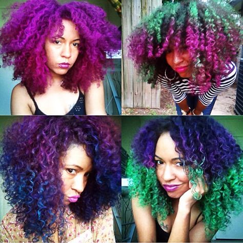 WEBSTA @naturallytash 🔥My Greatest Two Tone Hits🔥 💜💞 Pink and Purple 💚💞 Green and Pink 💙💜 Purple and Blue 💜💚 Purple and Green Purple Afro Hair, Hair Shadowing, Temp Hair Color, Purple Curly Hair, Green Locs, Purple Afro, American Stafford, Hair Shadow, Dyed Natural Hair