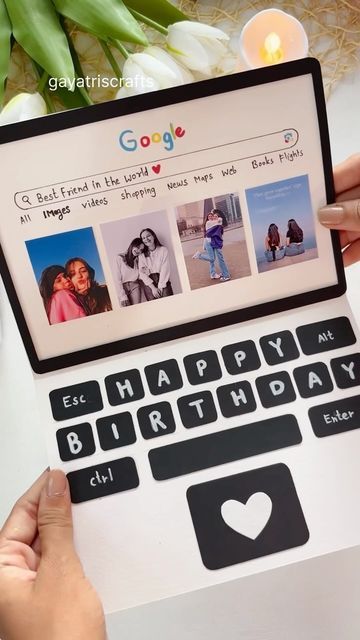 Diy Photo Birthday Cards, Paper Laptop Craft, Greeting Cards Handmade Birthday For Best Friend, Handmade Christmas Present Ideas, Diy Card For Best Friend, Aesthetic Bday Card, Bday Card Ideas For Best Friend, Handmade Gifts For Bff, Gift Cards Aesthetic