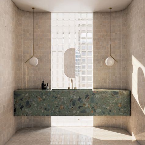 Elevate your powder room with ARCA’s Italian Aggloceppo terrazzo. This stunning green natural stone adds a touch of luxury and sophistication to any space #ARCAStone . . #terrazzo #interiors #moderninteriors #luxurydesign #luxuryinteriors #luxuryhomes #interiordesign Green Bathroom Design, Bathroom Island, Onyx Bathroom, St Yves, Green Terrazzo, Modern Bathroom Interior, Stone Bathroom, Basin Design, Bathroom Design Luxury