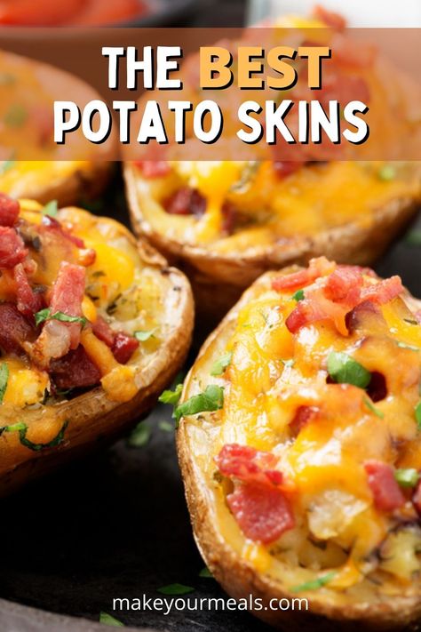 Potato Skins are one of the BEST finger food appetizers! This recipe has baked potato skins filled with cheese and bacon and topped with green onions and sour cream for the perfect, easy to eat appetizer! Potato Skins Red Potatoes, Superbowl Potato Recipes, Diy Potato Skins Recipes, Red Potato Skins, Baked Potatoes With Cheese And Bacon, Red Potato Skins Appetizer, Mexican Potato Skins, Baked Potatoe Skins In The Oven, Homemade Potato Skins Easy