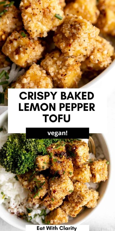 This baked lemon pepper tofu is crispy, full of flavor and perfect served buddha bowl style. It's vegan, gluten free and perfect for a simple and healthy family favorite dinner. This crispy baked tofu recipe is loved by kids and adults. Lemon Pepper Tofu, Protein Entrees, Pepper Tofu, Tofu Recipes Healthy, Tofu Recipes Vegan, Tofu Dishes, Baked Tofu, Crispy Tofu, Buddha Bowl