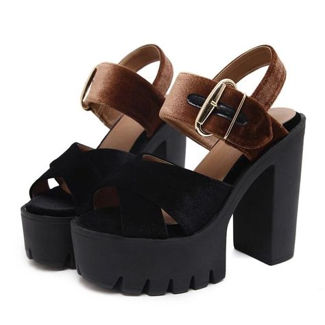 Buckle Square High Heels Block Heel Platform Sandals, Velvet Block Heels, Square Heels, Velvet Sandals, Sandal Platform, Platform Block Heels, Heels Fashion, Womens Summer Shoes, Buckle Sandals