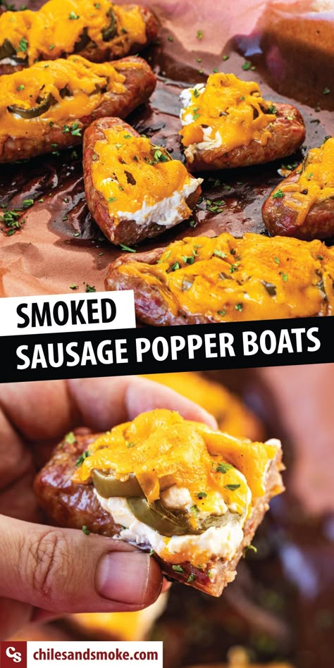 Smoked Stuffed Brats, Recipes Using Pickled Jalapenos, Smoker Breakfast Recipes, Smoked Appetizers For Party, Smoker Snacks, Bbq On The Grill, Sausage Boats, Smoked Jalapeno Poppers, Smoked Appetizers