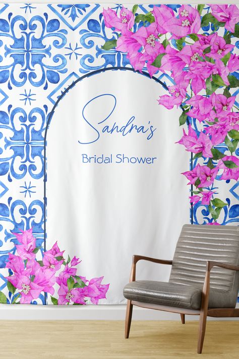 Blue Tiles Bougainvillea elegant photo background Tapestry Mexican Party Invitation, Bridal Shower Colors, Wedding Photo Background, Mexican Themed Weddings, Door Backdrops, Shower Style, Personalized Party Decor, Party Stationery, Elegant Photo