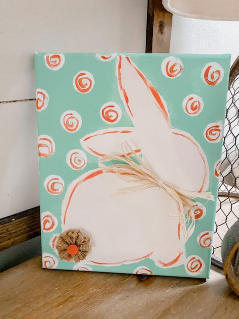 Spring Mantel Decor Ideas Easter Art Painting Canvases, Diy Bunny Painting, Bunny Canvas Painting Diy, Easter Canvas Painting Ideas Easy Kids, Diy Easter Canvas Painting, Bunny Painting Simple, Fun Paintings Ideas, Diy Easter Paintings On Canvas, Easter Bunny Painting On Canvas