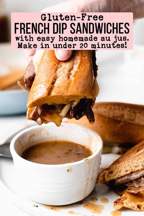 Make easy gluten-free French dip sandwiches with this delicious recipe, featuring thinly sliced deli roast beef, provolone cheese, and a simple homemade au jus dipping sauce. Perfect for a quick lunch or dinner, all in under 30 minutes! Gluten Free French Dip Sandwiches, Gluten Free Au Jus Recipe, French Dip Sandwich Healthy, Gluten Free French Dip, Gf Au Jus, Keto French Dip, Gluten Free Au Jus, Beef Dip Sandwiches Au Jus, Roast Beef Sauce