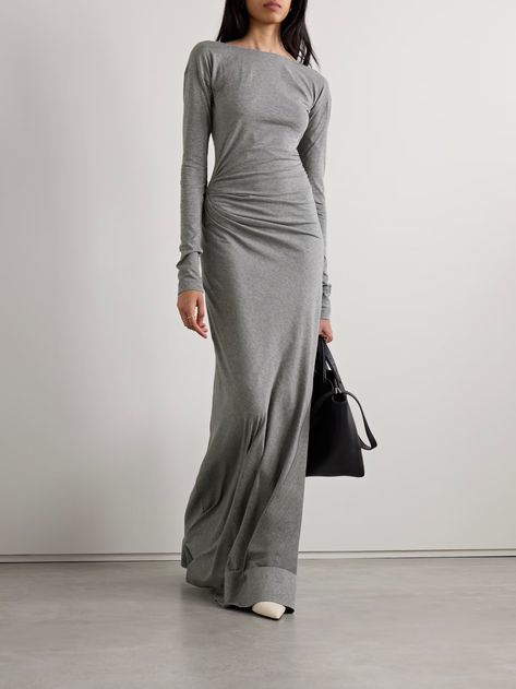 VICTORIA BECKHAM Ruched cotton-jersey maxi dress | NET-A-PORTER Jersey Dress Outfit, Grey Dress Outfit, Grey Jersey Dress, Victoria Beckham Dress, Victoria Beckham Style, Cotton Jersey Dress, Fashion Silhouette, Maxi Dress Outfit, Net Dress